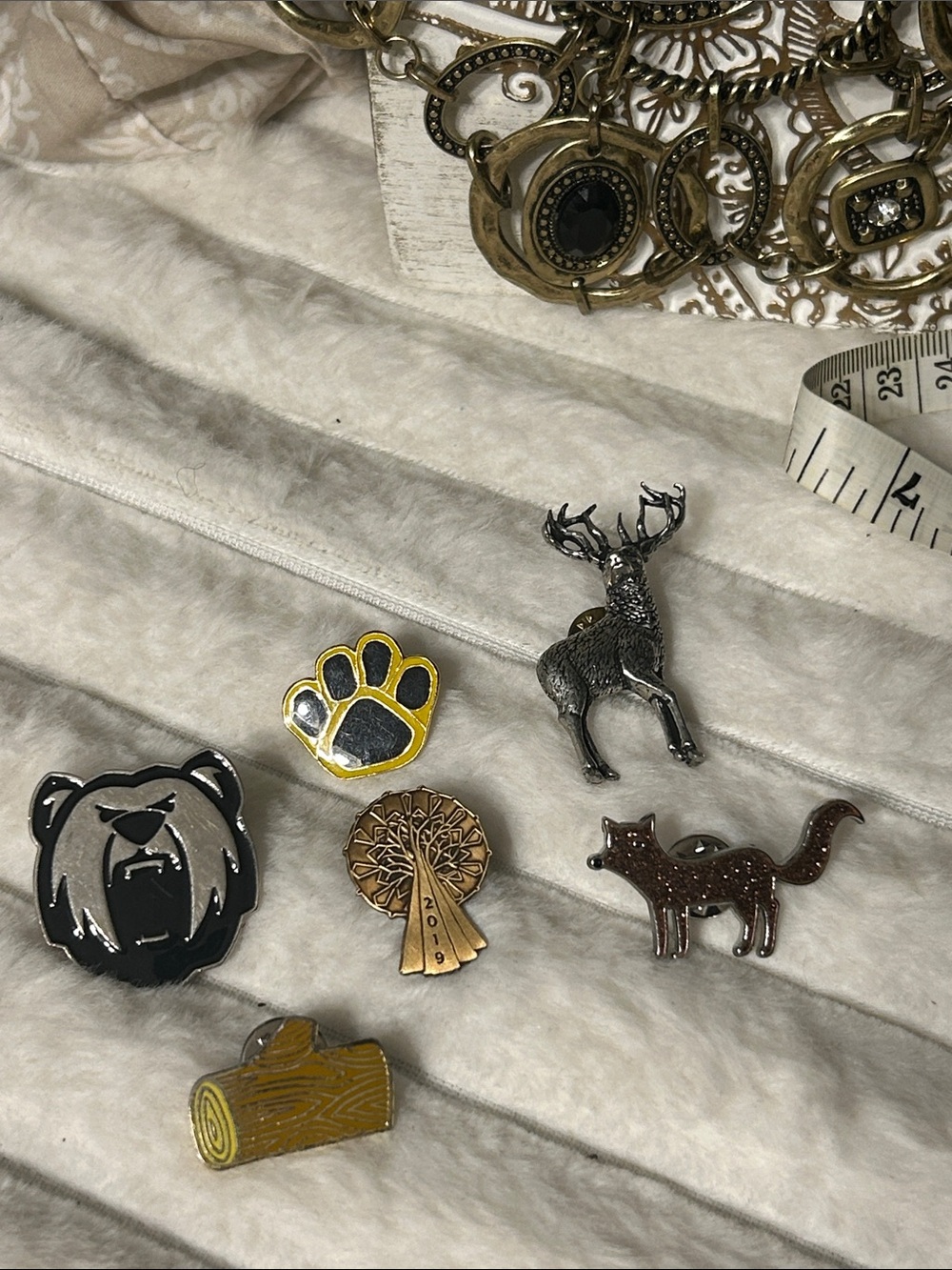 Assorted Animal & Nature Enamel Pin Set - Bear, Stag, Fox, Paw, Tree, Log